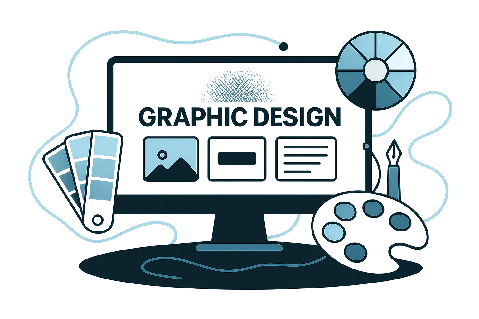 מסך מחשב באנימציה בצדדים כלים לעיצוב גרפי